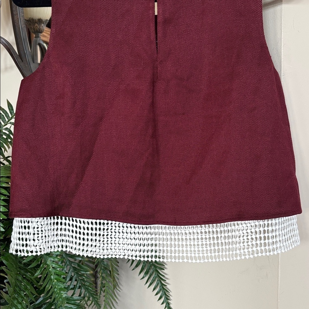 Club Monaco Burgundy Linen Blend Sleeveless Crop Top w/ White Mesh Lace Underlay - Picture 9 of 15